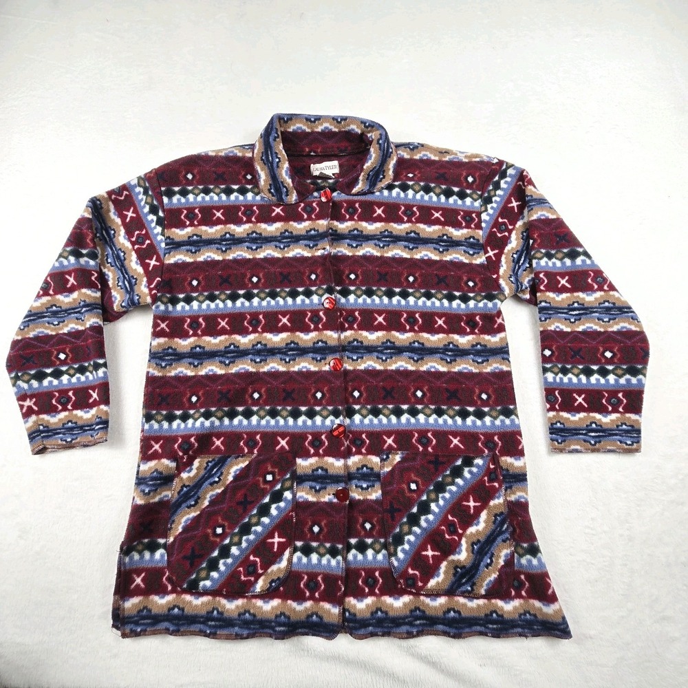 Laura Tyler Womens Medium Fleece Jacket Fair Isle Southwestern Button Burgundy